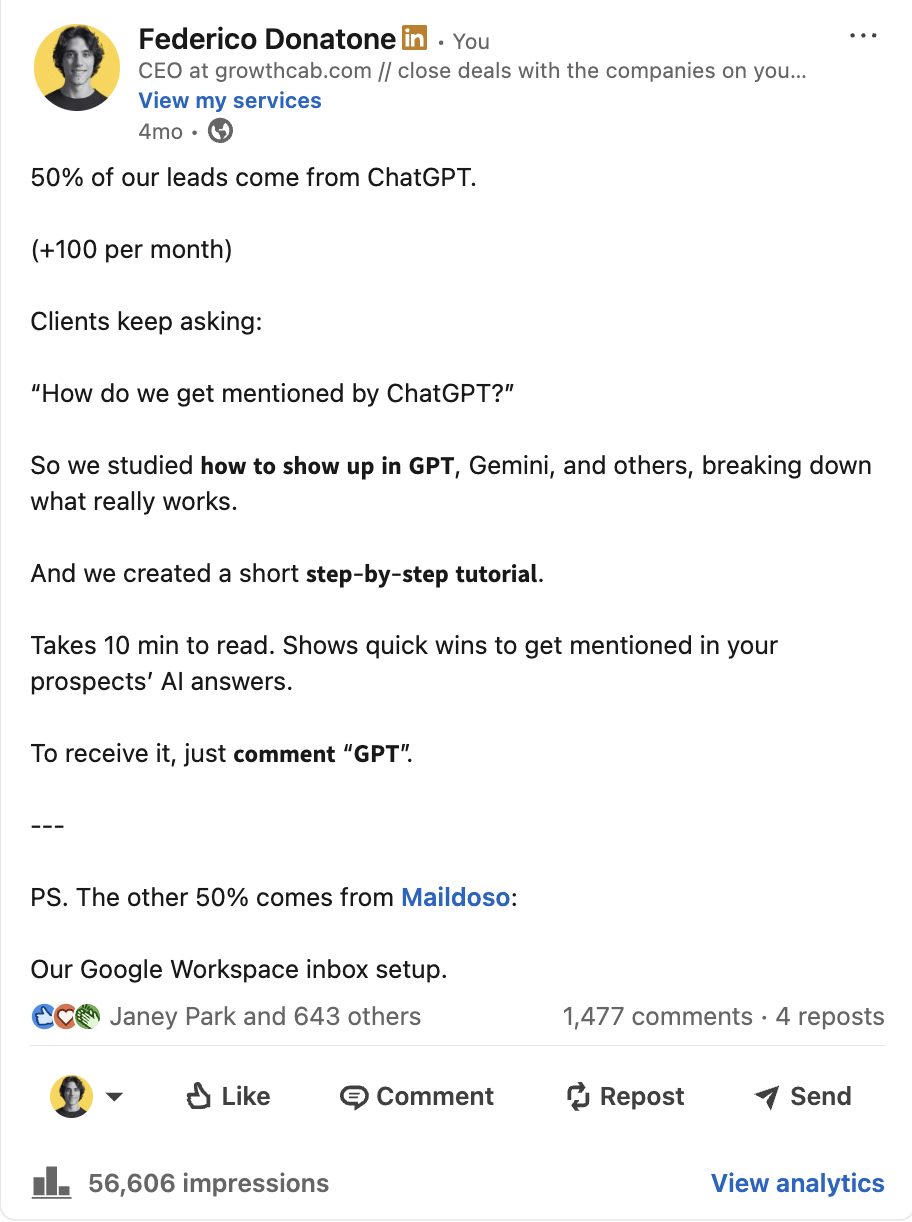 LinkedIn post promoting Maildoso Google Workspace feature with 56,606 impressions and 1,477 comments